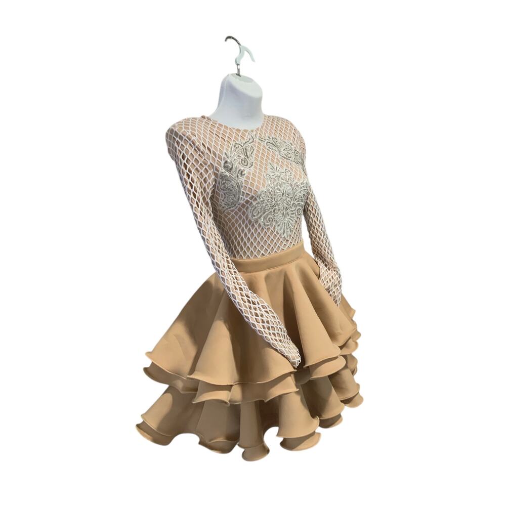 NUDE APPLIQUE DETAIL RUFFLE TIERED SKATER DRESS NWT SIZE 0 - Picture 2 of 14